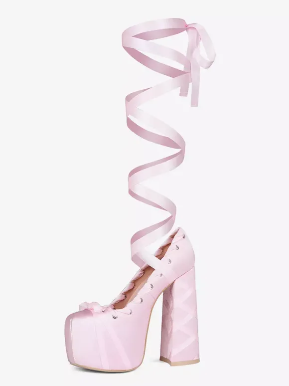 Escarpins à talons hauts roses à plateforme et bout rond avec n艙ud Lolita et lacets