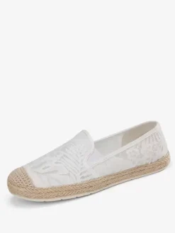 Espadrilles en dentelle pour femmes mocassins à enfiler à bout rond blancs