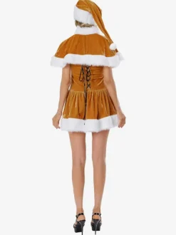 Femme Tunique de Noël Café Marron Chapeau Cape Robe Polyester Costumes de vacances de Noël