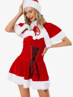 Femme Tunique de Noël Café Marron Chapeau Cape Robe Polyester Costumes de vacances de Noël