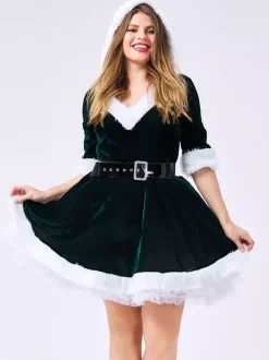 Femme Costume De Noël Col En V Fourrure Velours Robe Patineuse Vert Foncé Déguisement Noël