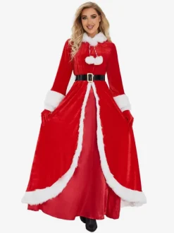 Femme Robe de Noël Rouge Gants en Fibre de Polyester Robe Ceinture Polyester Bicolore Costumes de vacances de Noël