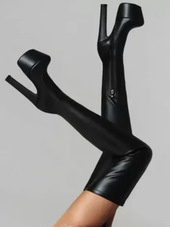 Femmes bottes sexy bout rond talon épais quotidien décontracté PU noir cuissardes bottes sur les bottes au genou