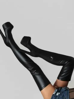 Femmes bottes sexy bout rond talon épais quotidien décontracté PU noir cuissardes bottes sur les bottes au genou