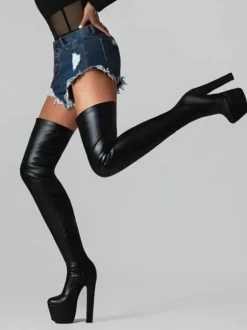 Femmes bottes sexy bout rond talon épais quotidien décontracté PU noir cuissardes bottes sur les bottes au genou