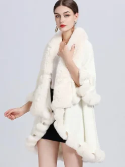 Femmes Poncho Col En Fausse Fourrure Cape Printemps Vêtements D'extérieur