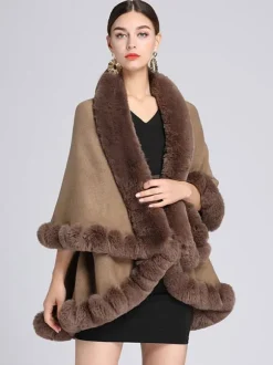 Femmes Poncho Col En Fausse Fourrure Cape Printemps Vêtements D'extérieur