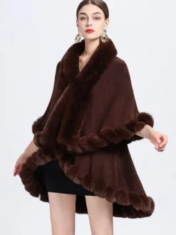 Femmes Poncho Col En Fausse Fourrure Cape Printemps Vêtements D'extérieur