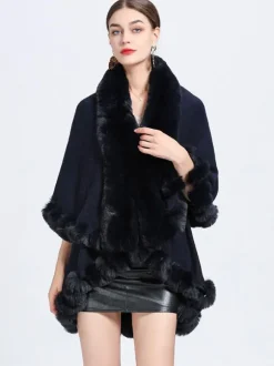 Femmes Poncho Col En Fausse Fourrure Cape Printemps Vêtements D'extérieur