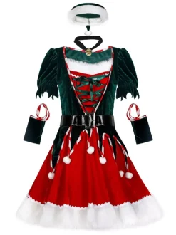 Femmes Robe Tunique Déguisement Noël Rouge Polyester Ensemble Chapeau Polyester Costumes De Cadeau Noël