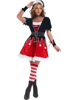 Femmes Robe Tunique Déguisement Noël Rouge Polyester Ensemble Chapeau Polyester Costumes De Cadeau Noël