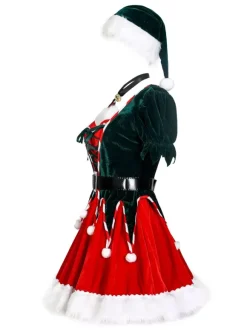 Femmes Robe Tunique Déguisement Noël Rouge Polyester Ensemble Chapeau Polyester Costumes De Cadeau Noël