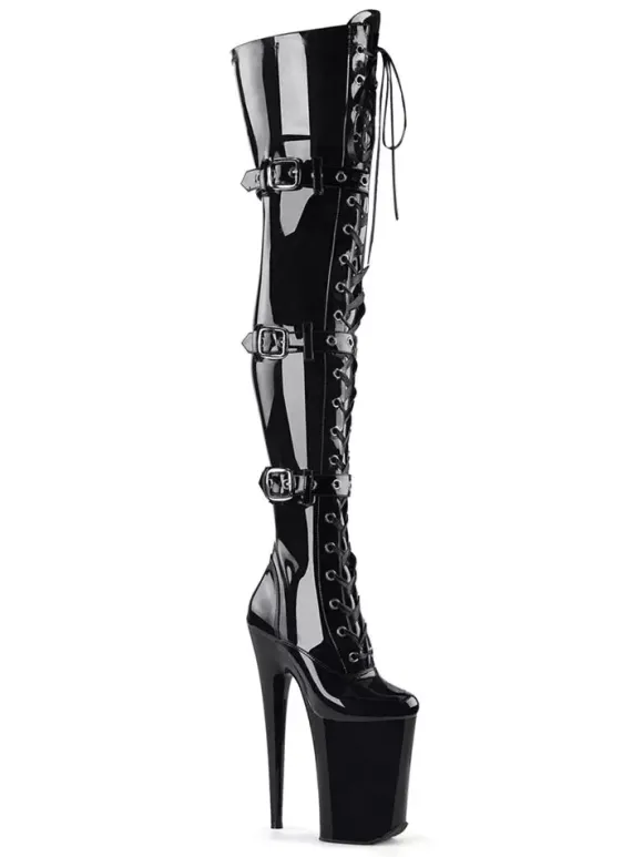Femmes Sexy Bottes Bout Rond Zipper Zipper Talon Aiguille Rave Club Noir Cuissardes Bottes