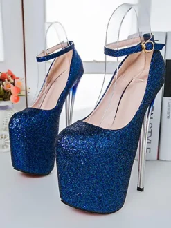 Femmes Sexy talons hauts rose bout carré paillettes bride à la cheville talons aiguilles chaussures Sexy