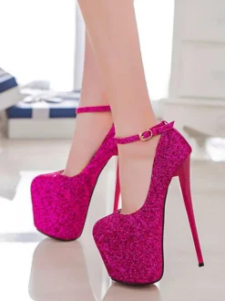 Femmes Sexy talons hauts rose bout carré paillettes bride à la cheville talons aiguilles chaussures Sexy