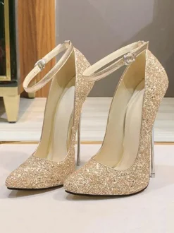 Femmes talons hauts rouges bout pointu talon aiguille tissu pailleté talons sexy bride à la cheville