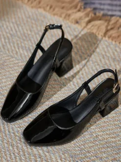 Femmes Talons Mi-Bas À Lacets Bout Carré Escarpins À Talons Épais Quotidien Décontracté Bordeaux