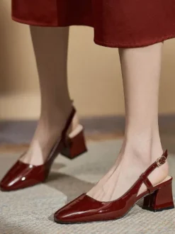 Femmes Talons Mi-Bas À Lacets Bout Carré Escarpins À Talons Épais Quotidien Décontracté Bordeaux