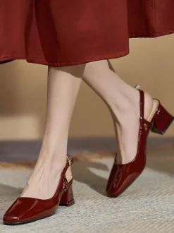 Femmes Talons Mi-Bas À Lacets Bout Carré Escarpins À Talons Épais Quotidien Décontracté Bordeaux