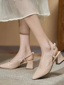Femmes Talons Mi-Bas À Lacets Bout Carré Escarpins À Talons Épais Quotidien Décontracté Bordeaux