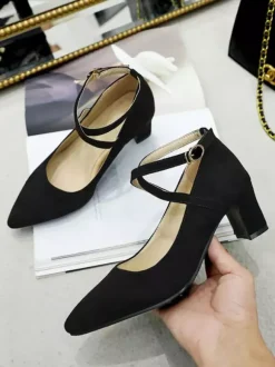 Femmes talons mi-bas noir bout pointu talon épais sangle de cheville réglable croisé escarpins