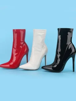 Femmes Vernis Cheville Blanc Bout Pointu Talon Haut Sexy Chaussons En Cuir Brillant