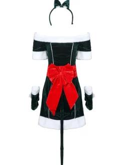 Femmes Costume De Noël Ensemble Complet Robe Tunique Vert Foncé Polyester Fibre Robe Gants Noël Vacances Costumes Cadeau Noël Déguisement