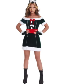 Femmes Costume De Noël Ensemble Complet Robe Tunique Vert Foncé Polyester Fibre Robe Gants Noël Vacances Costumes Cadeau Noël Déguisement