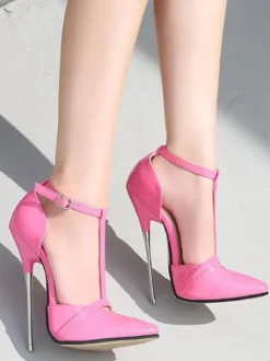 Femmes rose talons hauts magenta bout pointu chaussures Sexy talon aiguille en cuir PU Sexy bride à la cheville talons