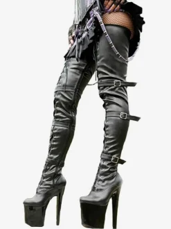 Femmes Sexy Bottes Bout Rond À Lacets Fermeture Éclair Talon Aiguille Rave Club Noir Cuissardes