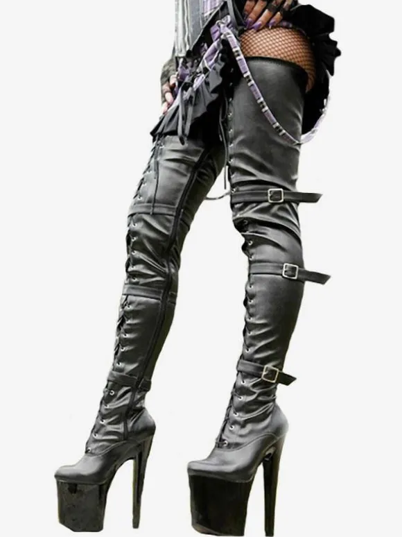 Femmes Sexy Bottes Bout Rond À Lacets Fermeture Éclair Talon Aiguille Rave Club Noir Cuissardes