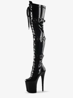 Femmes Sexy Bottes Bout Rond À Lacets Fermeture Éclair Talon Aiguille Rave Club Noir Cuissardes