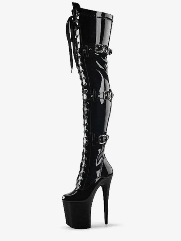 Femmes Sexy Bottes Bout Rond À Lacets Fermeture Éclair Talon Aiguille Rave Club Noir Cuissardes