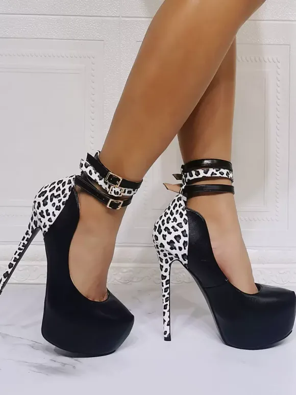 Femmes sexy talons hauts noirs ronds rond cuir cuir de la cheville sexy