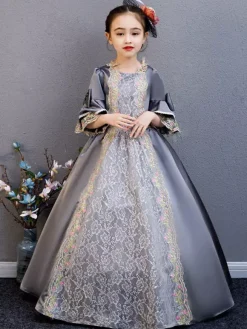 Fibre de polyester Tea Party Drapé Manches 3/4 Robe d'été en polyester Imprimé fleuri Gris Robes Lolita pour enfants