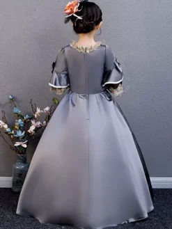 Fibre de polyester Tea Party Drapé Manches 3/4 Robe d'été en polyester Imprimé fleuri Gris Robes Lolita pour enfants