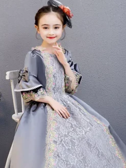 Fibre de polyester Tea Party Drapé Manches 3/4 Robe d'été en polyester Imprimé fleuri Gris Robes Lolita pour enfants