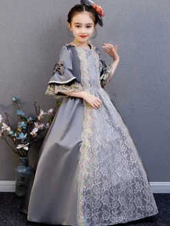 Fibre de polyester Tea Party Drapé Manches 3/4 Robe d'été en polyester Imprimé fleuri Gris Robes Lolita pour enfants