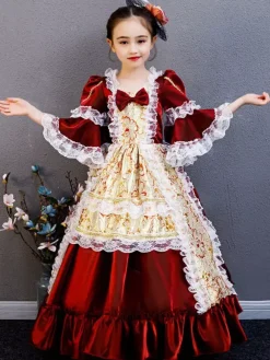 Fibre de polyester Tea Party Drapé Manches 3/4 Robe d'été en polyester Imprimé floral Bordeaux Robes Lolita pour enfants