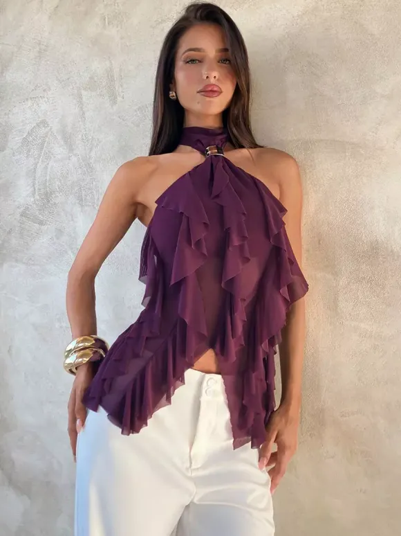 Fuchsia Cami Top Halter Volants Casual Sans Manches Femmes Camis