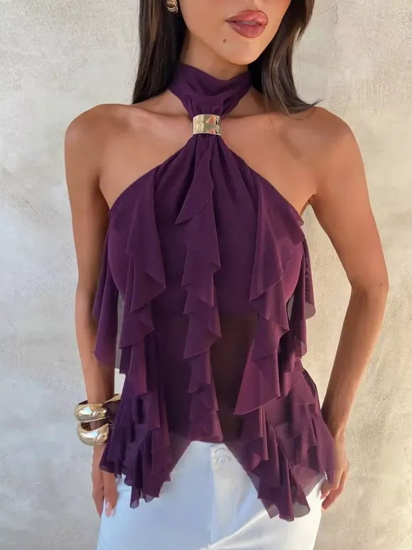 Fuchsia Cami Top Halter Volants Casual Sans Manches Femmes Camis