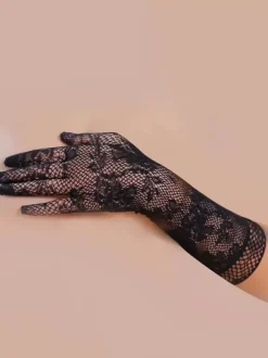 Gants en dentelle noire pour femme doigt complet Résille fête d'opéra mariage