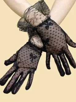 Gants De Mariée Noirs Courts Brillants Résille Femmes