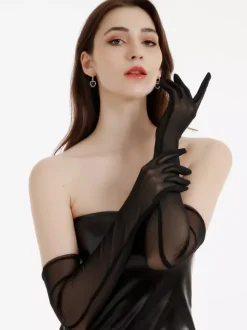 Gants d'opéra en satin noir pour soirée soirée danse longueur coude pour femmes