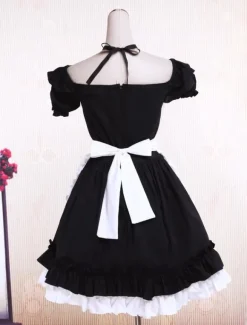 Garniture en dentelle de coton noir doux Maid Lolita monobloc tablier blanc manches courtes Déguisements Halloween