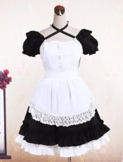 Garniture en dentelle de coton noir doux Maid Lolita monobloc tablier blanc manches courtes Déguisements Halloween