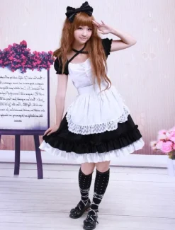 Garniture en dentelle de coton noir doux Maid Lolita monobloc tablier blanc manches courtes Déguisements Halloween