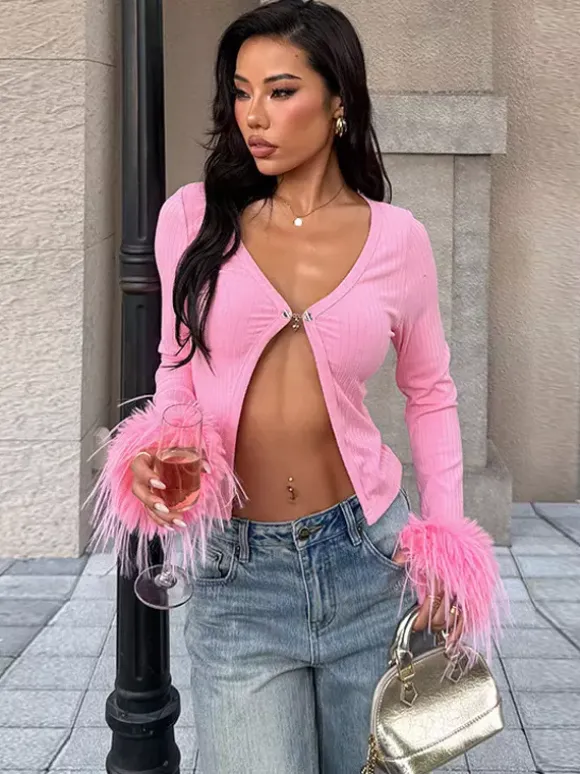 Gilet court à poignets en fourrure rose pour femme - Haut côtelé à manches longues et col en V style années 2000 - Boléro sexy pour soirées en club 2026