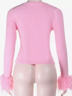Gilet court à poignets en fourrure rose pour femme - Haut côtelé à manches longues et col en V style années 2000 - Boléro sexy pour soirées en club 2026