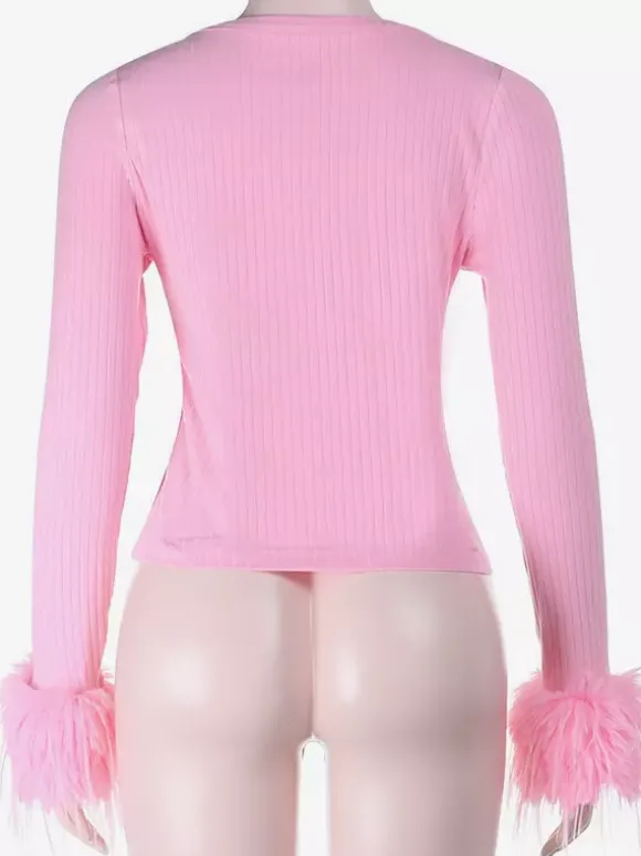 Gilet court à poignets en fourrure rose pour femme - Haut côtelé à manches longues et col en V style années 2000 - Boléro sexy pour soirées en club 2026